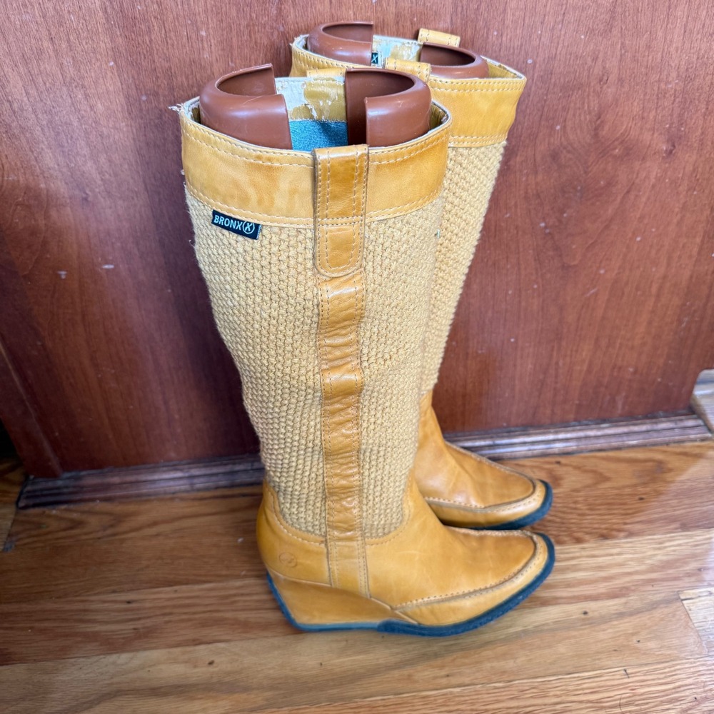 Bronx Mustard Yellow Leather‎ and Knit Tall Wedge Boots Size 37 6.5  Romania